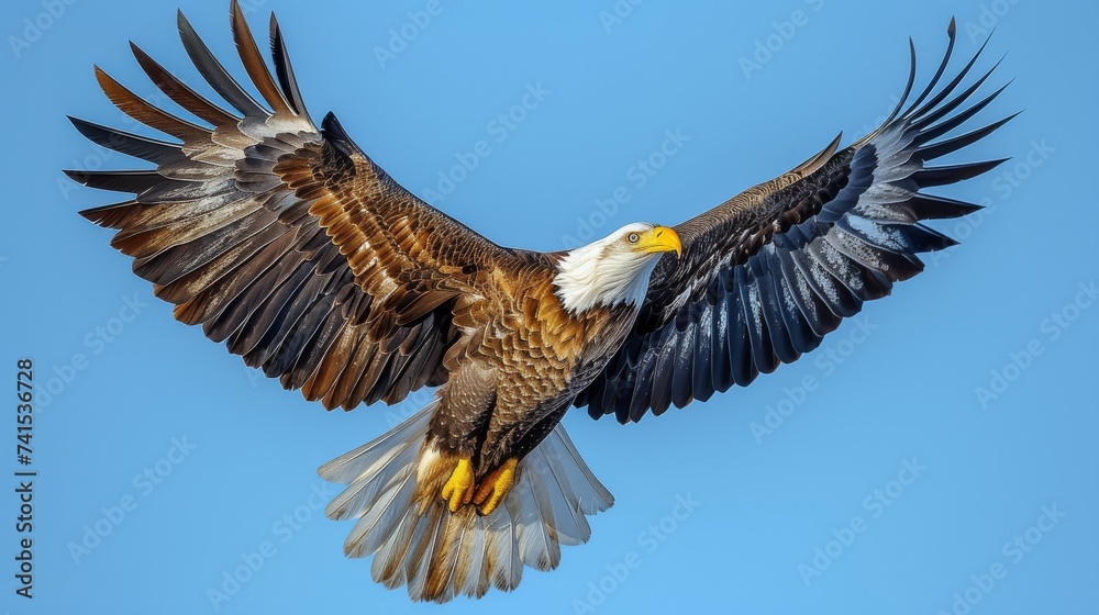 Obraz premium Majestic Bald Eagle in Flight: An awe-inspiring shot of a majestic bald eagle soaring gracefully against a backdrop of clear blue skies