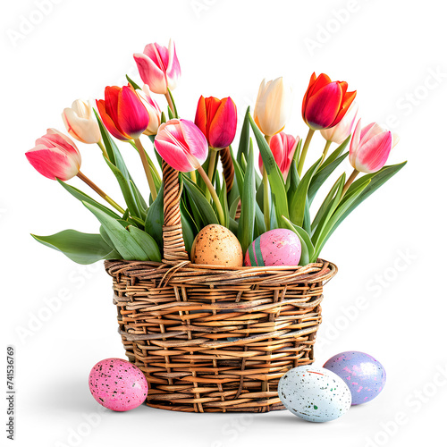 Wicker Easter Basket with eggs and tulips isolated on white background. Generetive AI.