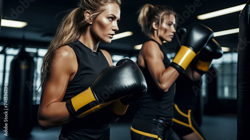 women in a gym, wearing boxing gloves and workout attire, preparing to engage in a boxing workout, ai generative