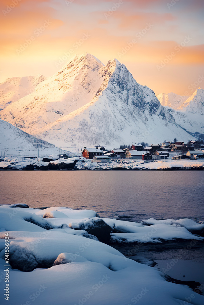 A breathtaking view of a snowy mountain village beside a serene lake, under the warm glow of a sunrise or sunset, ai generative