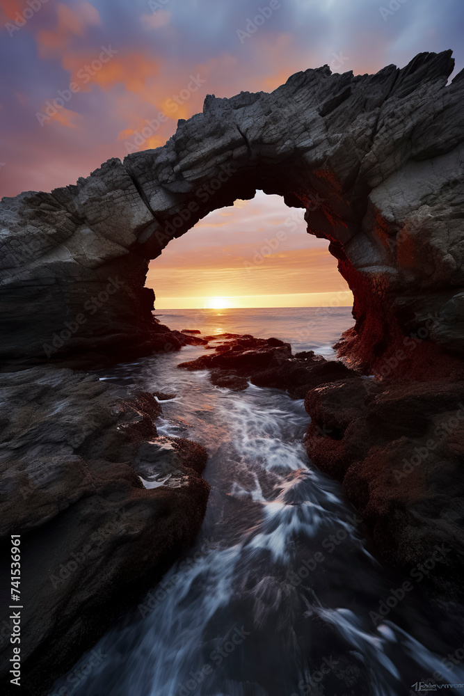 A stunning sunset through a natural rocky arch over a serene ocean, illuminating the waves and rocks with warm light, ai generative