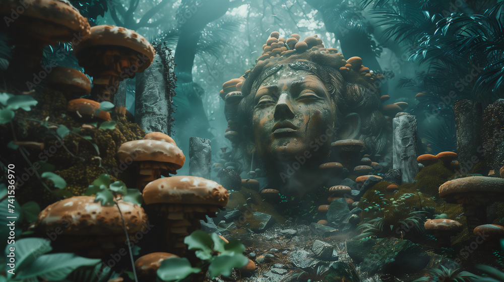 Giant statue of a woman's head in a jungle with mushrooms around and tall trees in the background - mystical wallpaper of a lost ancient civilization. - obrazy, fototapety, plakaty 