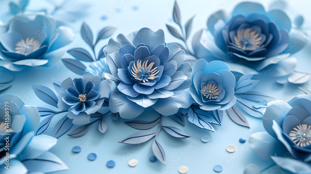 A greeting card design for a baby shower, incorporating blue paper flowers to celebrate the arrival of a baby boy