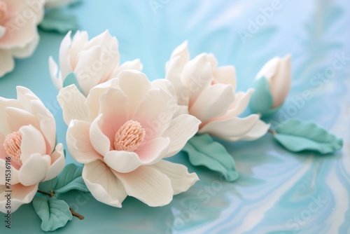 fondant magnolia flowers on blue icing