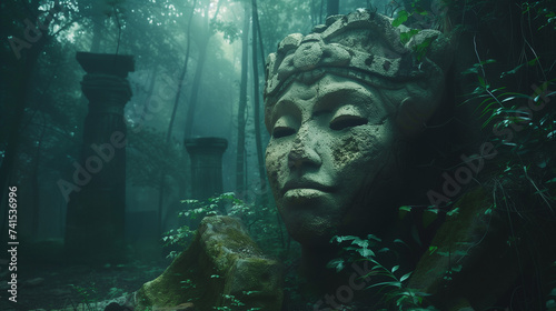 Mysterious ancient ruins with a carved big stone head of a goddess engulfed in a foggy forest, illuminated by ethereal light filtering through the dense foliage © Domingo