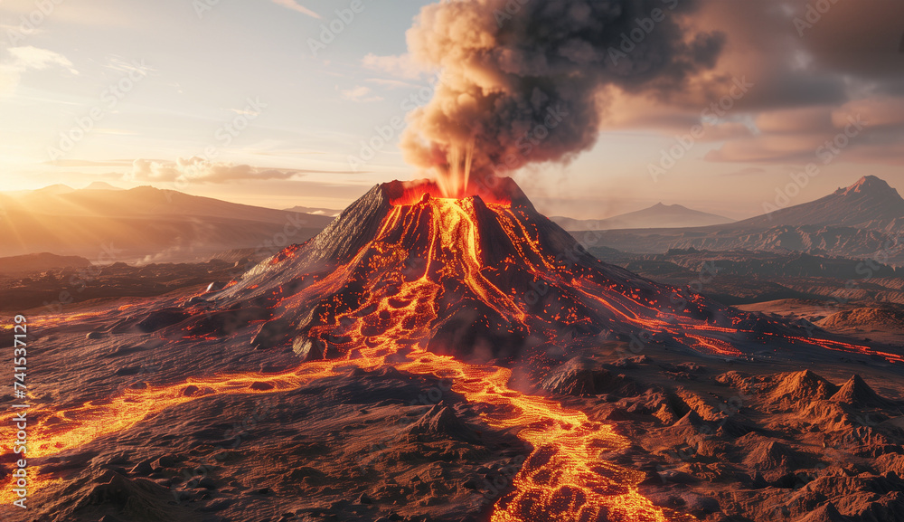 Volcanic landscape with erupting volcano, spewing magma and smoke, with rivers of lava cascading down the slopes at sunset. Epic geology wallpaper capturing a natural disaster