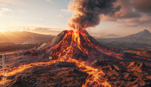 Volcanic landscape with erupting volcano, spewing magma and smoke, with rivers of lava cascading down the slopes at sunset. Epic geology wallpaper capturing a natural disaster © Domingo