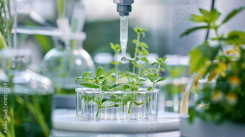 Biotechnology and botany experiments in a laboratory, with a pipette dropping liquid onto growing study plants, and test tubes around. Close-up view of a scientific experiment.