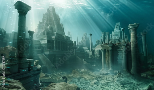 Sunken city with intricate architectural designs, a pyramyd with columns and stairs illuminated by light rays penetrating the clear water, creating a mystical atmosphere - Myth of Atlantis photo