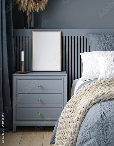 Frame mockup in cozy dark blue bedroom interior, 3d render © artjafara