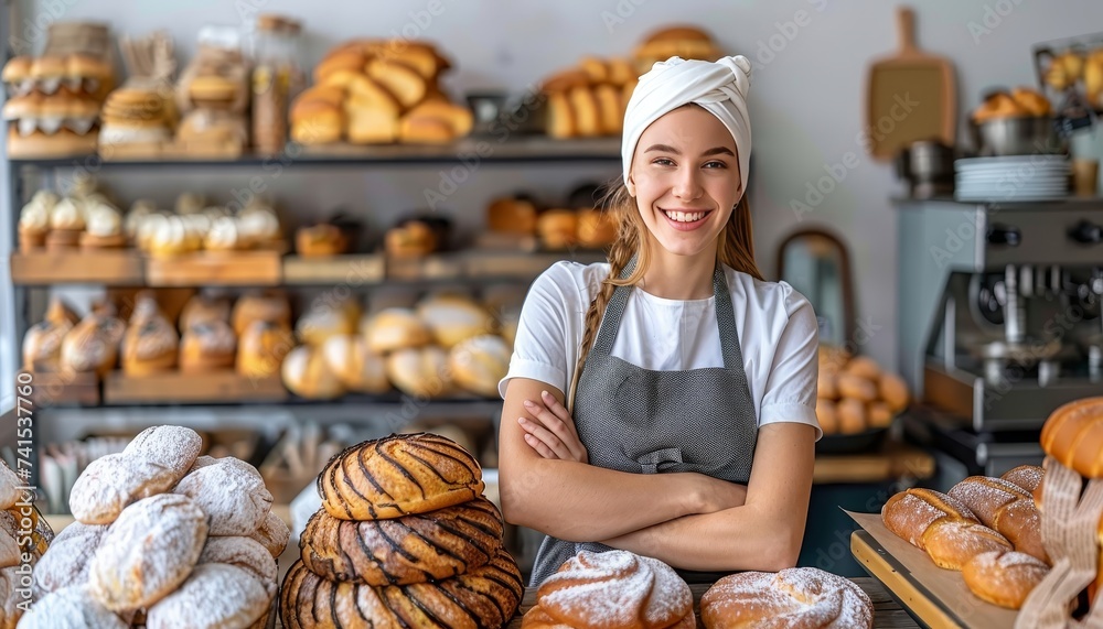 Young woman standing in bakery shop, small business owner, copy space for text placement