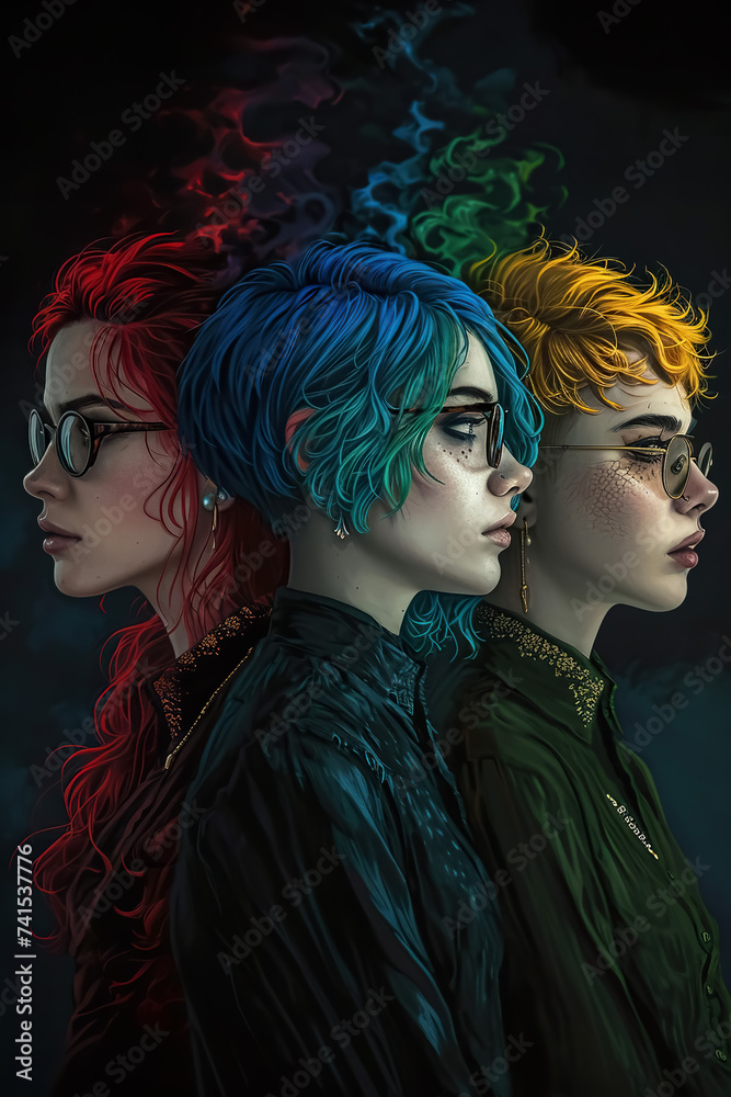 Naklejka premium group portrait of young beautiful women with dyed hairstyle, gen z female diversity, lgbt queer girls with colored hair