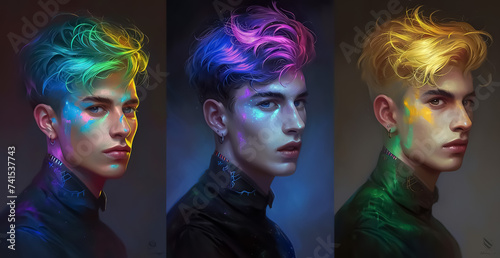 portrait of group of young stylish queer men with dyed hair, gen z youth with colorful hair studio shot, lgbtq gay people concept