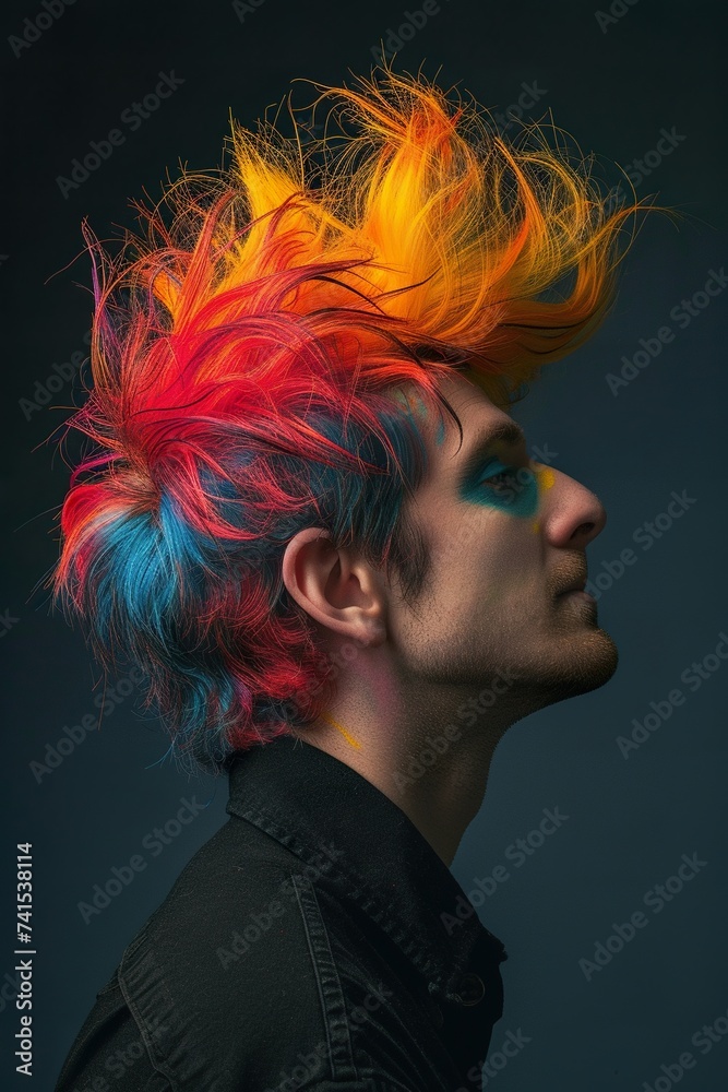 Fototapeta premium young handsome man with stylish and colorful dyed hair, casual gay guy with colored hairstyle, lgbtq and queer people concept