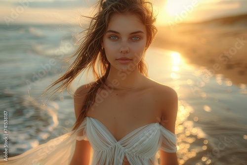 A woman at the beach standing with the sun light background.