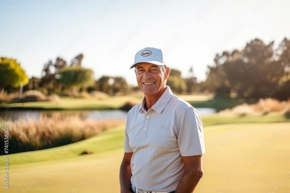 Portrait of happy senior golfer smiling at camera on golf course Portrait of happy senior golfer smiling at camera on golf course