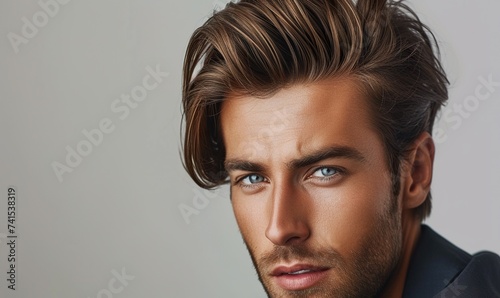 portrait of young handsome man fashion model, confident stylish guy posing studio shot, male with casual hairstyle