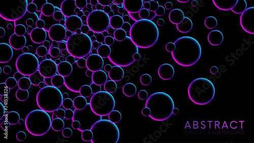Futuristic random flying neon glowing circles, spheres or bubbles. Luminous floating balls in blue and pink neon glow colors on black. Fluorescent circle particles dynamic flow. Vector background