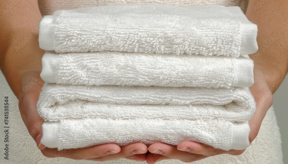 Professional chambermaid placing fresh towels in hotel room with copy space, close up shot Professional chambermaid placing fresh towels in hotel room with copy space, close up shot