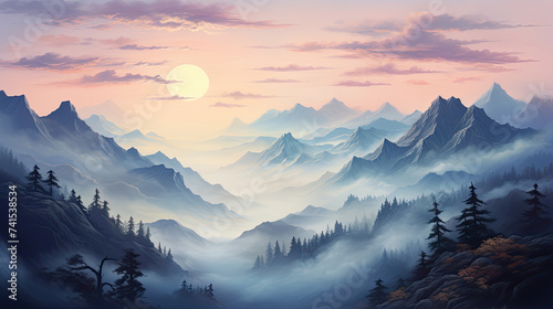 Breathtaking Dawn View from Mountaintop. Misty World Below and Soft Pastel Sky Hues at Daybreak wallpaper background