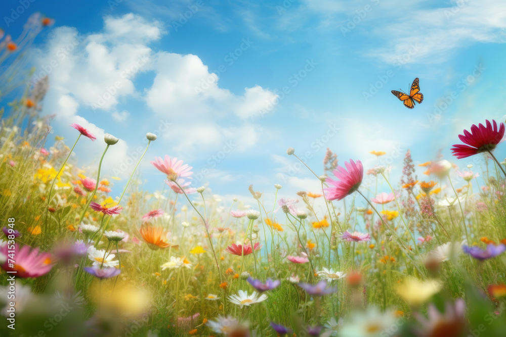 Obraz premium A vibrant spring garden filled with blooming flowers of every color, butterflies fluttering around.