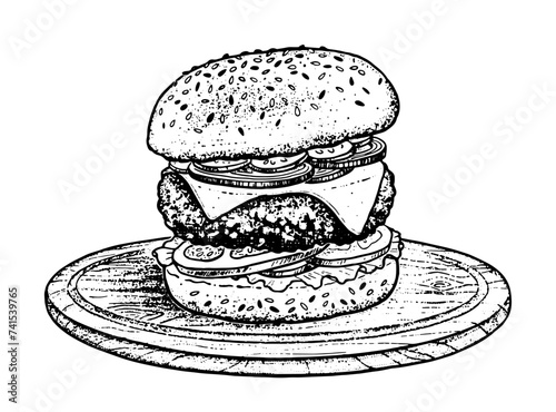 Vector hand drawn sketchy illustration of burger sandwich fast food meal with cutlet and cheese on wooden cutting board plate