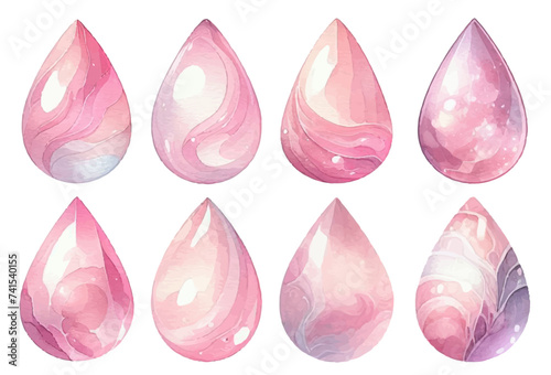 Teardrop-shaped pink opal rhinestone watercolor illustration material set