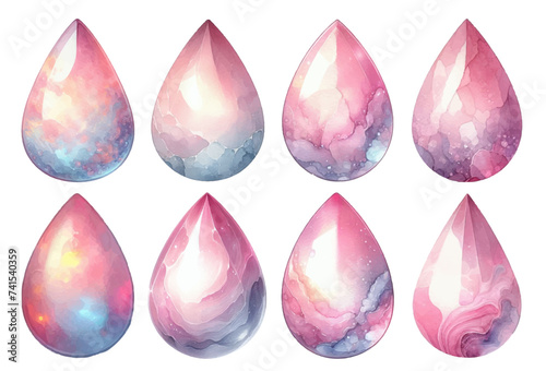 Teardrop-shaped pink opal rhinestone watercolor illustration material set
