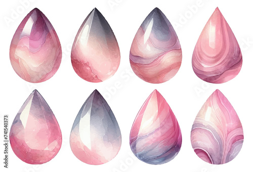 Teardrop-shaped pink opal rhinestone watercolor illustration material set