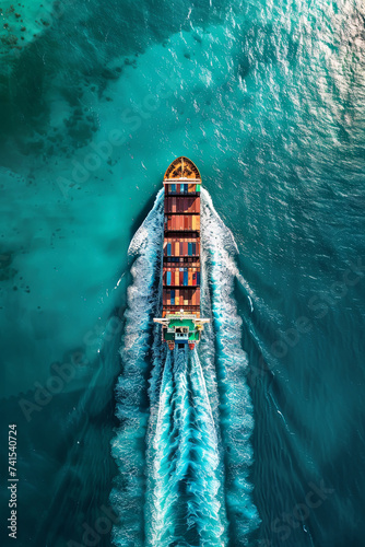 Aerial view of a container ship sailing through the sea
