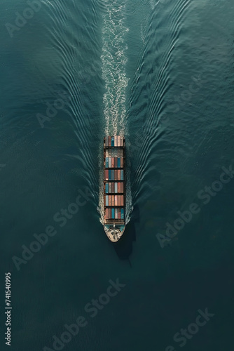 Aerial view of a container ship sailing through the sea