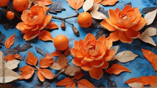 Pattern of orange flowers and indigo leaves on dark background