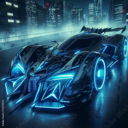 cyberpunk batmobile, GT car, aggressive design, blue neon (1) © Kamal