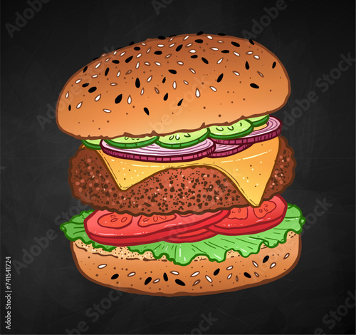 Vector color illustration of burger fast food meal with cutlet and cheese on chalkboard background