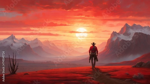 Cowboy standing before a vivid red sky