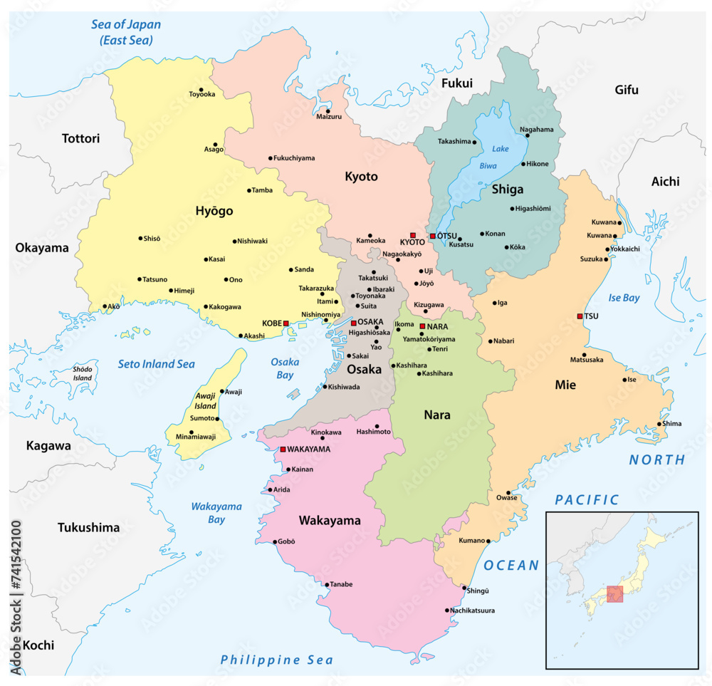 Administrative vector map of Japans Kansai region