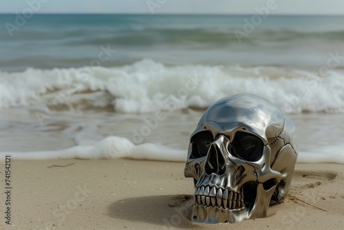 metallic skull on sandy beach with waves in the background