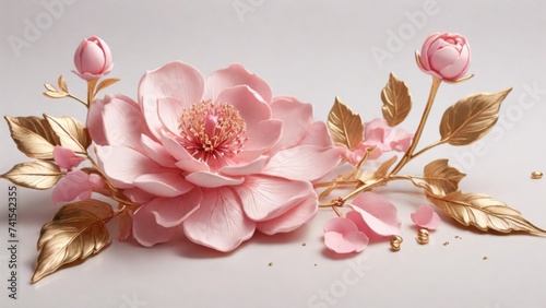 Fototapeta Naklejka Na Ścianę i Meble -  3D flowers pink flower with gold leaves on white background