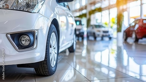 Contemporary car showroom offering cars for sale or rent with a detailed close up of a vehicle.