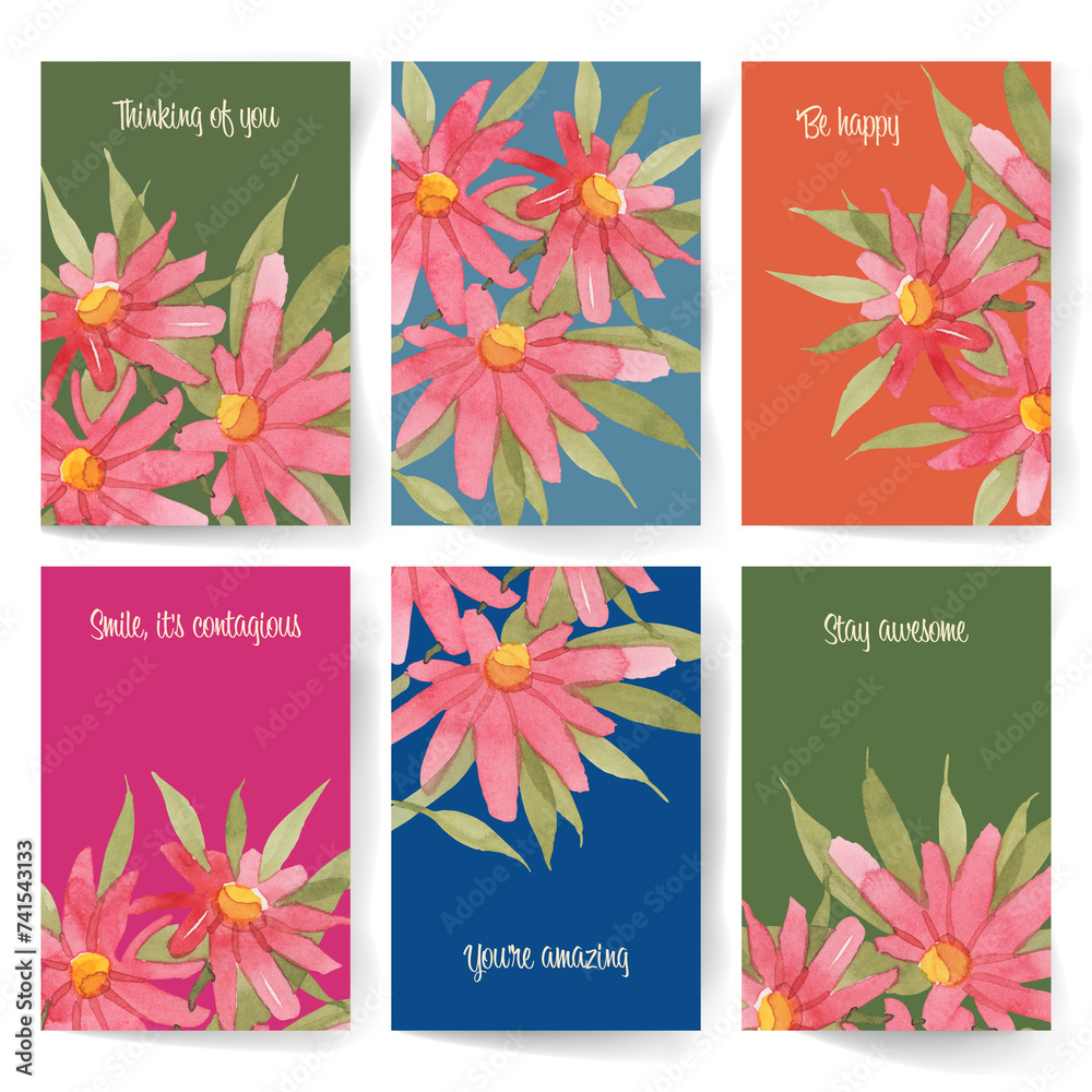 A set of postcards with watercolor flowers and leaves.