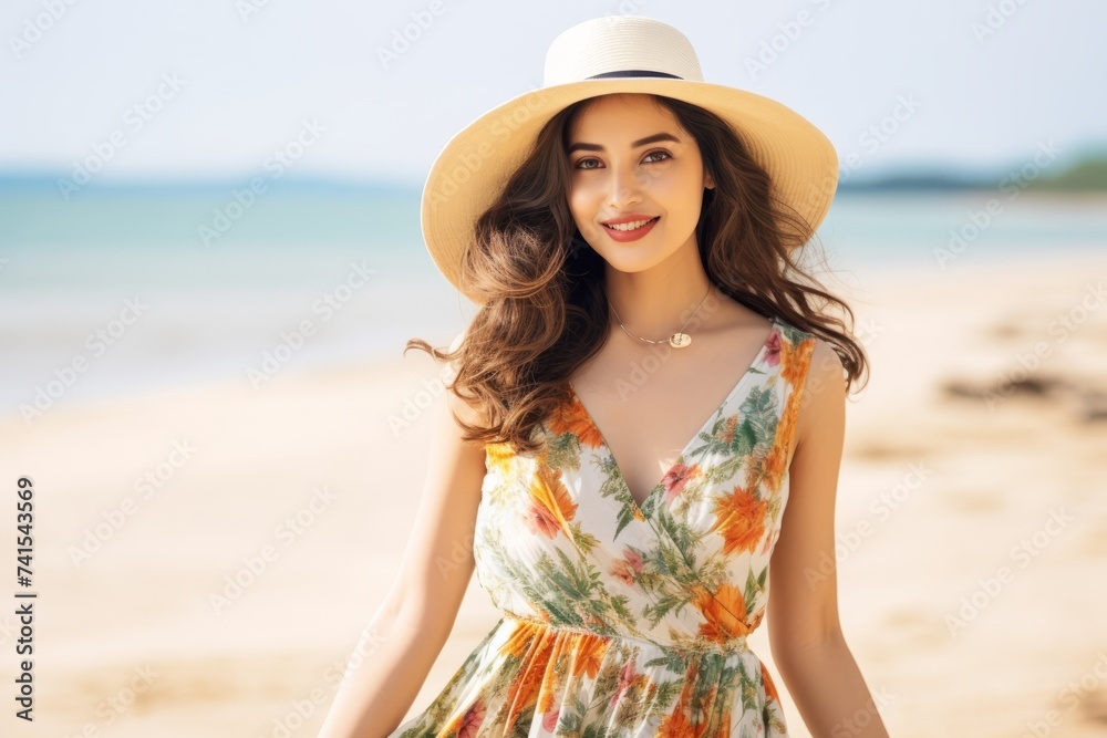 Portrait of beautiful young woman in summer dress and hat on the beach