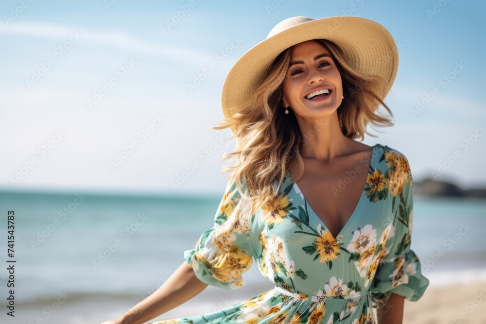 Beautiful young woman wearing floral dress and straw hat on the beach