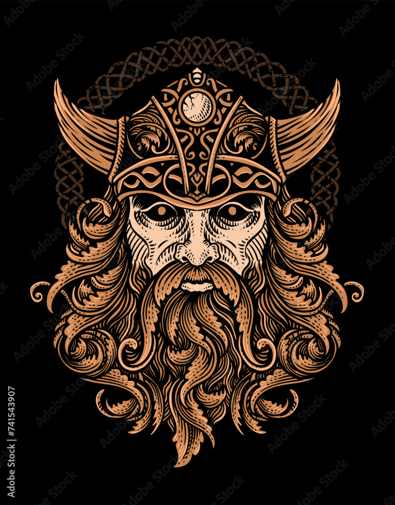 Isolated viking head with engraving ornament hair, T shirt design, Tattoo design, vector illustration