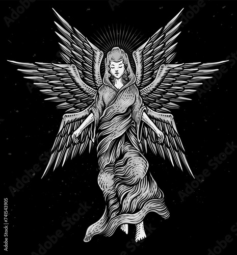 illustration seraphim angel antique engraving style on black background photo