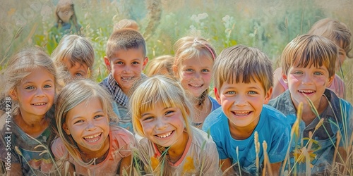 Many children of boys and girls are in a field against a brightly colored background. Generated AI