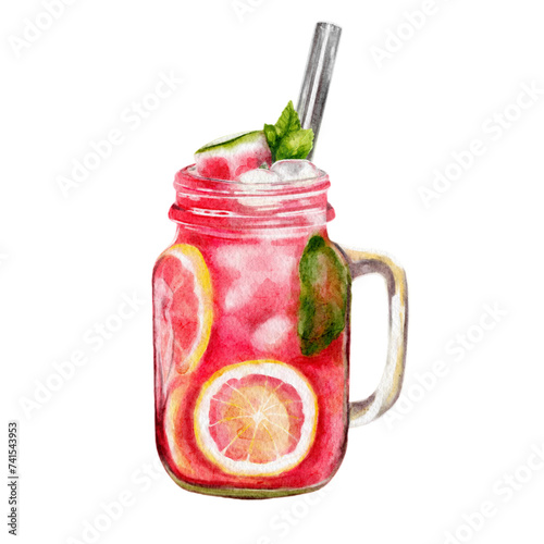 Sweet watermelon drink in a glass, with lemon, ice, and mint, illustration in watercolor style © Stasia Khmnk