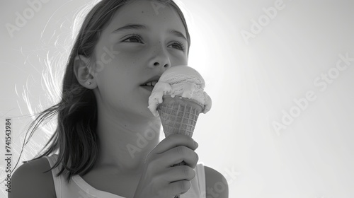 Sweet indulgence Monochrome image captures girl's enjoyment of ice cream on white background. Generated AI