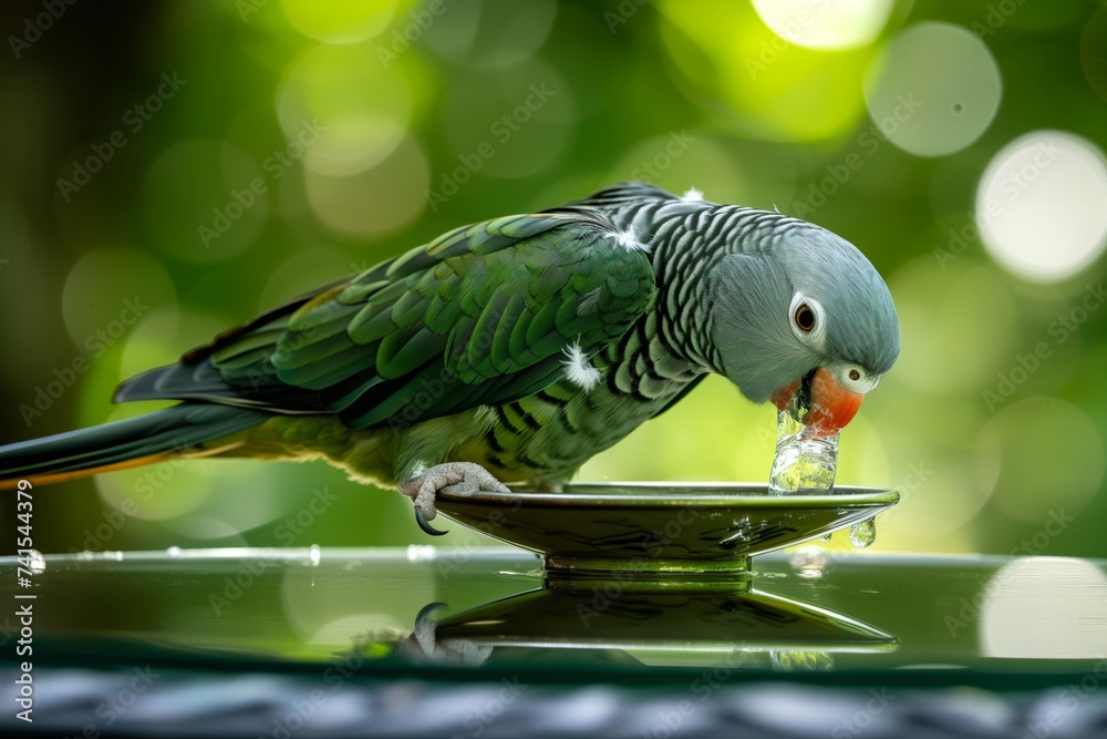Obraz premium parrot drinking water from a dish with its reflection visible