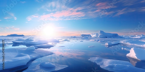 Polar north arctic ice frozen sea ocean water winter background landscape at sunny day view