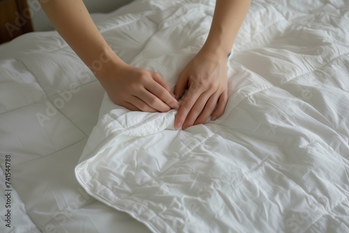hands smoothing a white duvet on a kingsize bed
